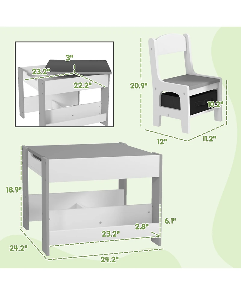 Hongge Kids Table and Chair Set with Reversible Top Storage and Bookshelf for Ages Three to Eight