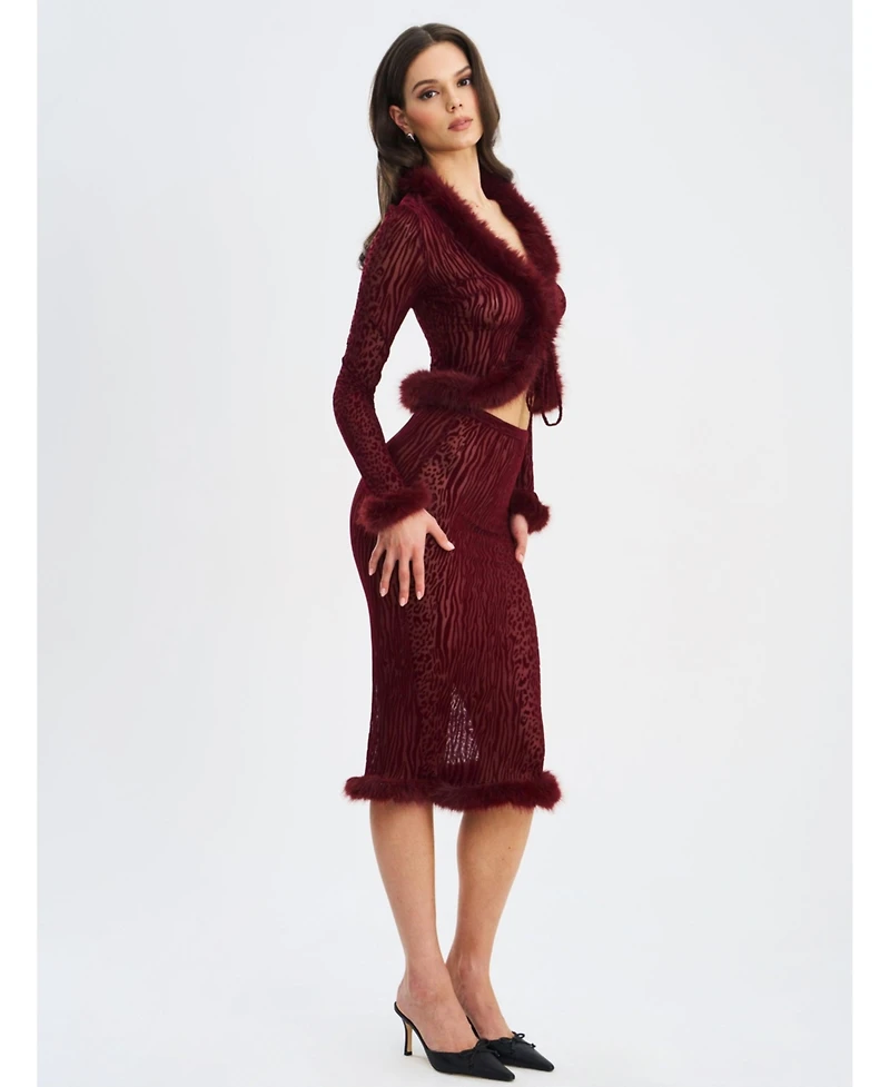 Miss Circle Women's Halia Burgundy Animal Print Burnout Velvet Fur Trim Skirt