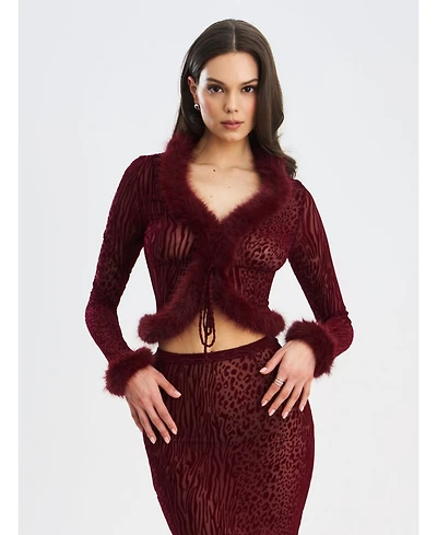 Miss Circle Women's Hali Burgundy Animal Print Burnout Velvet Fur Trim Top