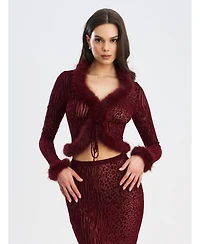 Miss Circle Women's Hali Burgundy Animal Print Burnout Velvet Fur Trim Top