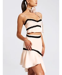 Miss Circle Women's Yahvi Beige Lace Trim Satin Skirt