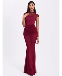 Miss Circle Women's Fabienne Burgundy Mesh Cap Sleeve Mermaid Gown