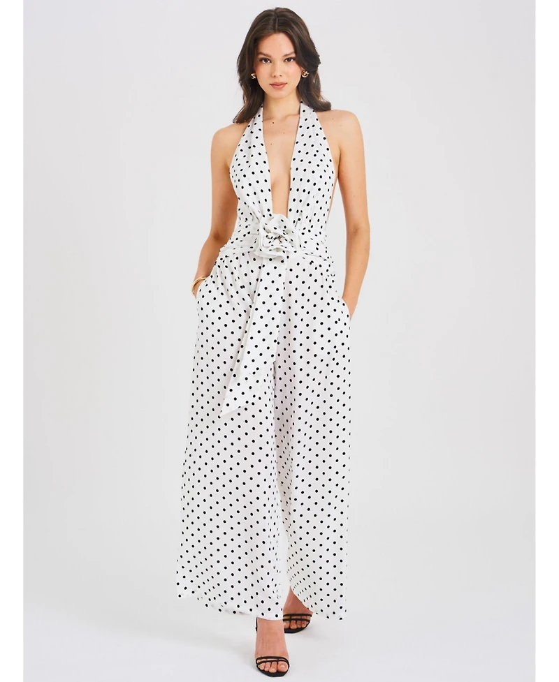 Miss Circle Women's Oriana White Polka Dots Halter Jumpsuit