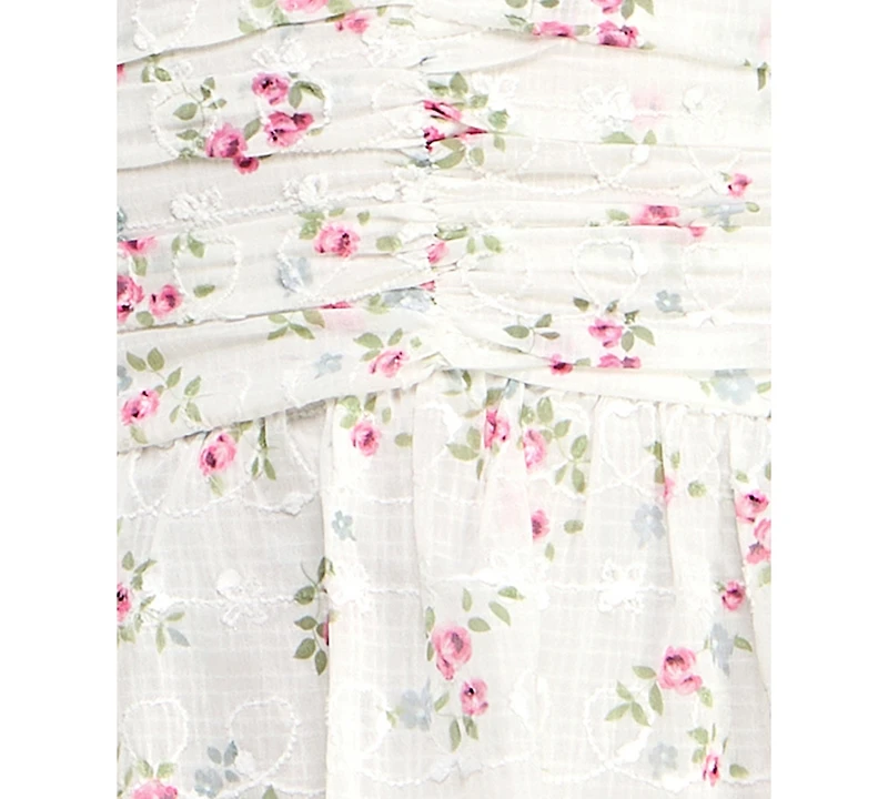 City Studios Juniors' Embroidered Floral Puff-Sleeve Cutout Dress