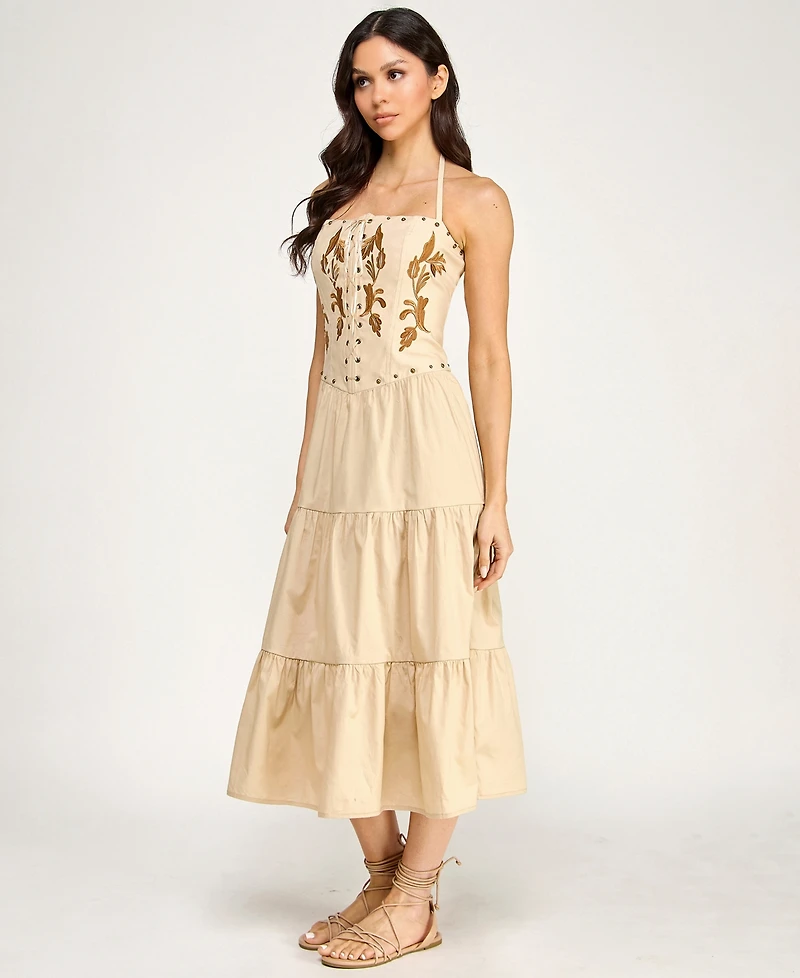 Seni & Cade Juniors' Embroidered Lace Up Halter Neck Corset With Nail Heads Skirt