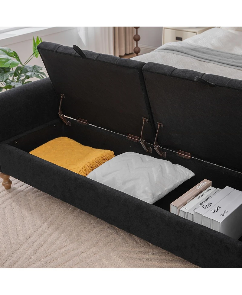 Streamdale Furniture Modern Upholstered Storage Bench with Double Lids & Rolled Armrest - Black
