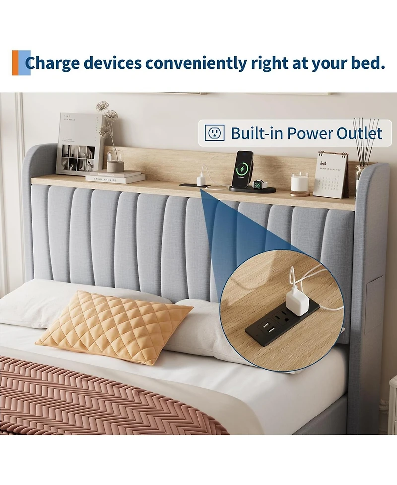 gaomon Upholstered Platform Bed Frame with Storage Drawers and Charging Station Headboard, No Box Spring Needed