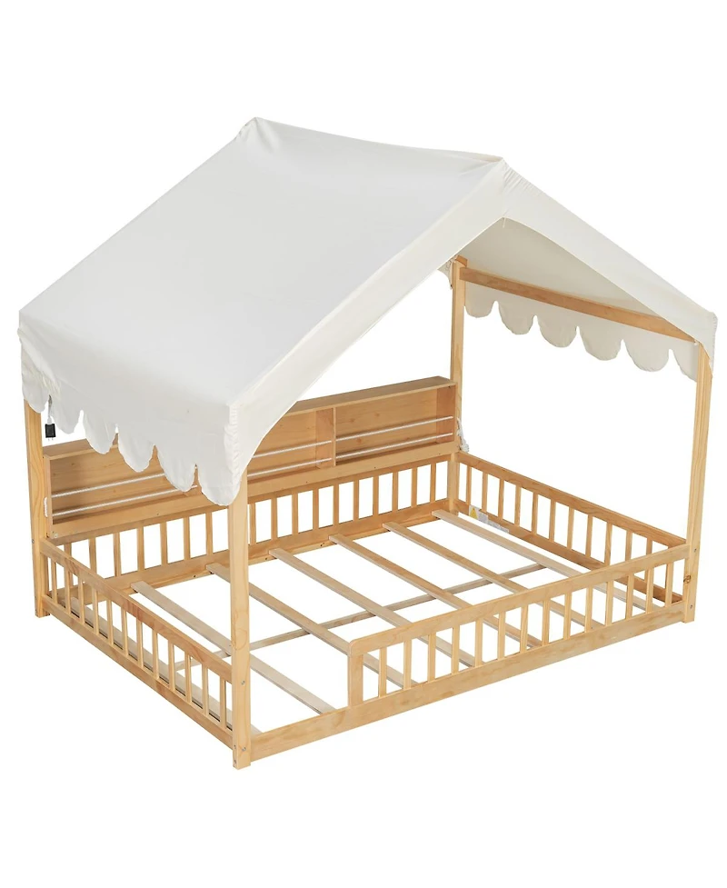 Streamdale Furniture Wooden House Daybed with Fence, Storage, Curtain & Led