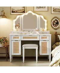 Streamdale Furniture Makeup Vanity Desk with 13 Hollywood Bulbs, 3 Lighting Modes, Tri-Fold Mirror, 5 Drawers