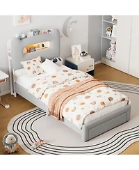 gaomon Upholstered Twin Bed Frame with Headboard, 2-Tier Storage, Charging Station & Drawer, Metal Platform, No Box Spring Needed