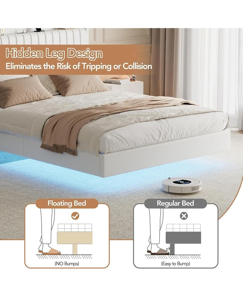 gaomon Floating Bed Frame with Led Lights and Charging Station,Upholstered Platform Headboard Storage Shelf