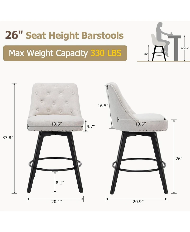 gaomon Bar Stools Set of 2, Modern Swivel Counter Height Bar Stools with Back and Wood Legs, Upholstered Barstools for Kitchen Island, 26" H Seat