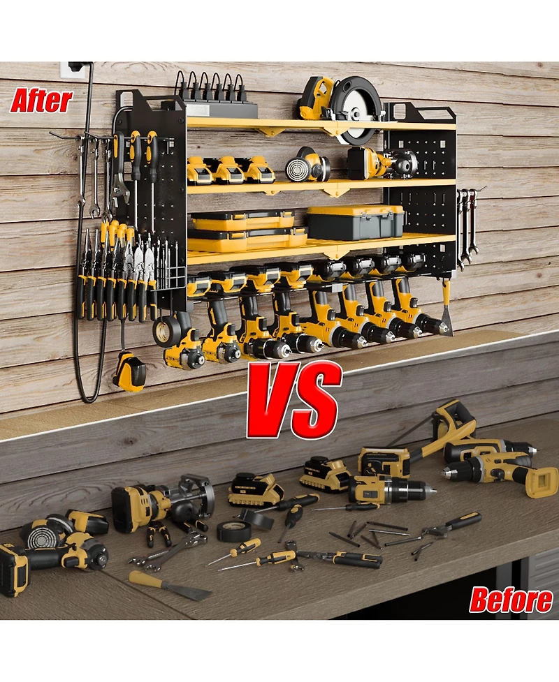 Hausource 32" Wall Mount Tool Organizer 4 Layers Garage Storage Racks with 8 Drill Holders, Power Adapter for Home Organization