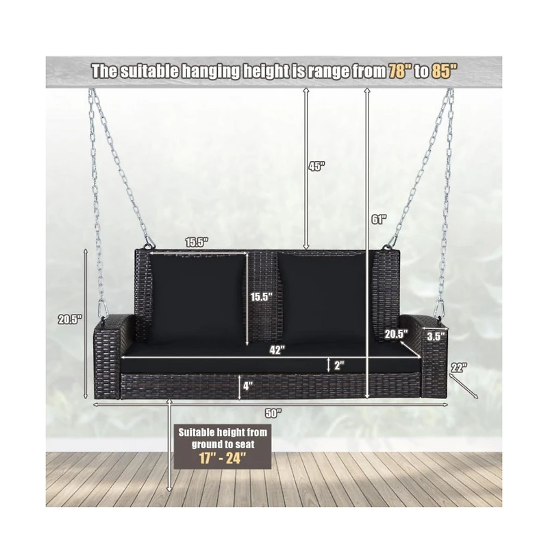2-Person Wicker Hanging Porch Swing with 2 Back Cushions and 1 Seat Cushion