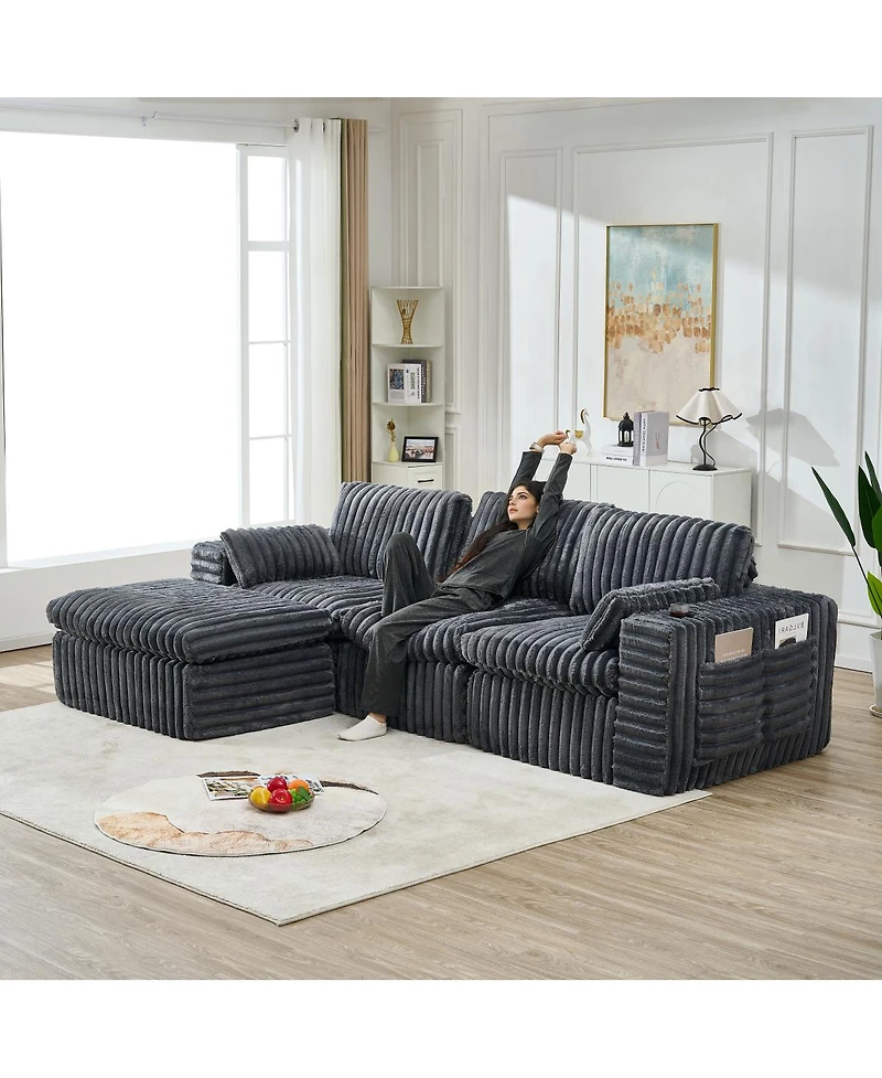 Streamdale Furniture Luxury Ribbed Chenille Upholstered Modular Sectional Sofa with Ottoman-Gray