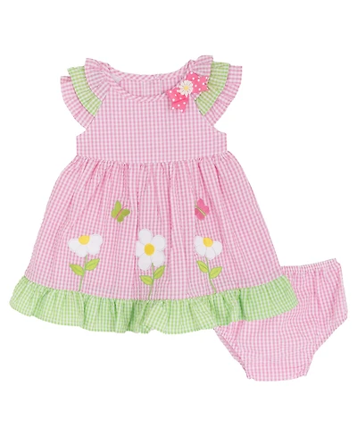 Rare Editions Baby Girls' Pink Seersucker Daisy Applique Round Neck Dress and Panty, 2-Piece Set