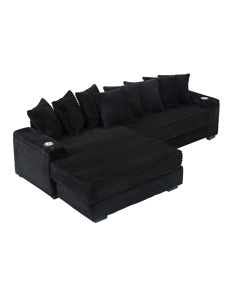 Streamdale Furniture corduroy sofa with cup holder, storage, and reversible recliner.