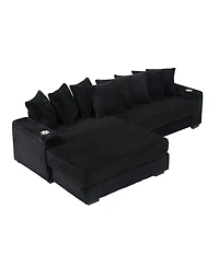 Streamdale Furniture corduroy sofa with cup holder, storage, and reversible recliner.