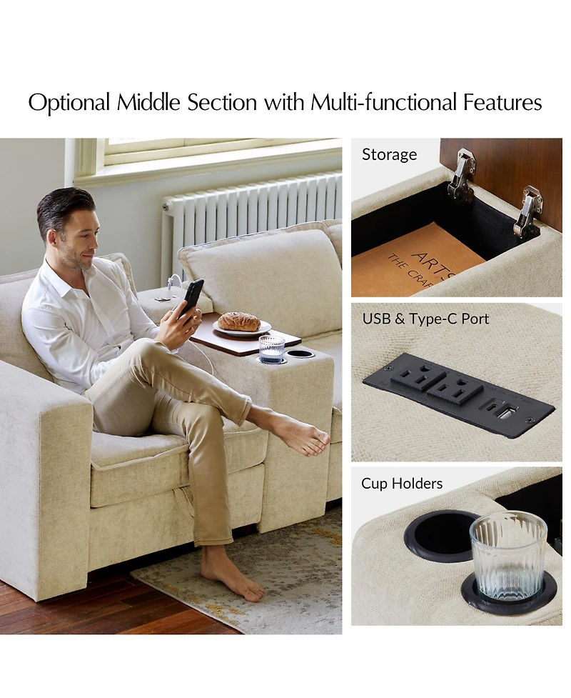 Hulala Home Buelow 88” Modern Storage Sofa With Charging Station And Middle Compartment