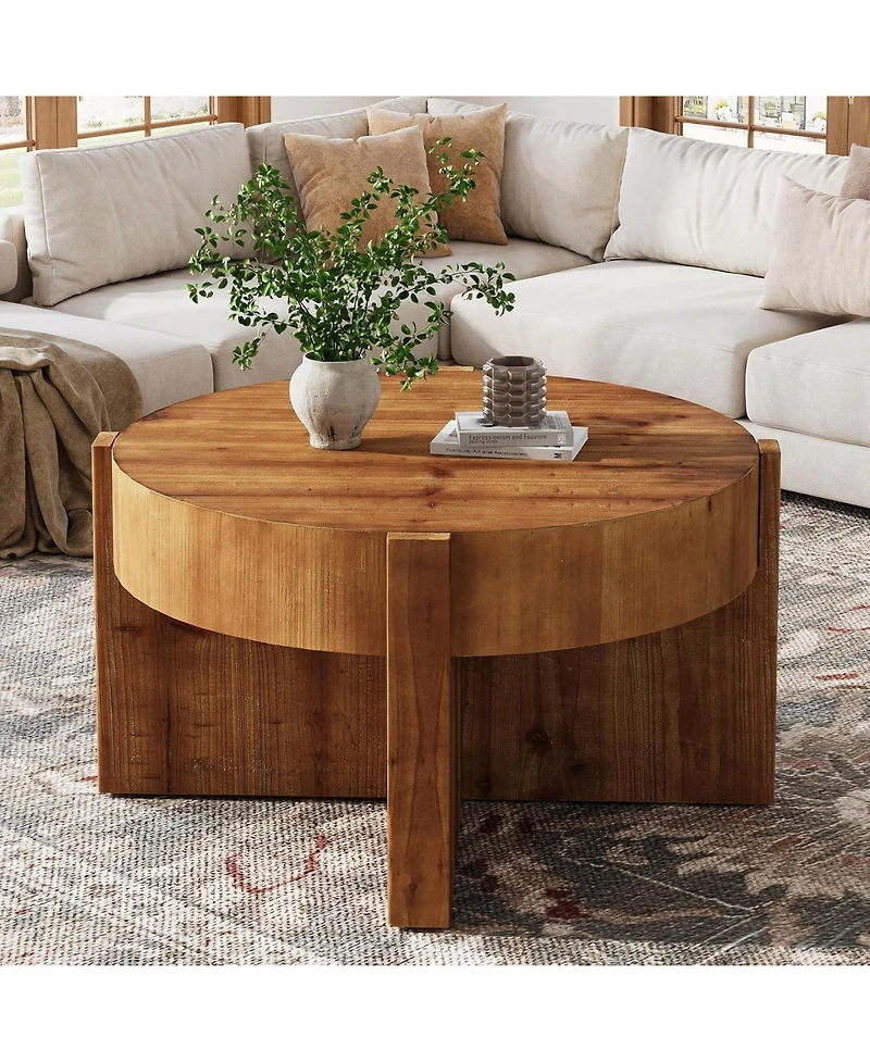 Tribesigns Round Solid Wood Coffee Table, 31.5" Farmhouse Center Table with Thick Tabletop and X-Shaped Legs for Living Room, Easy Assembly