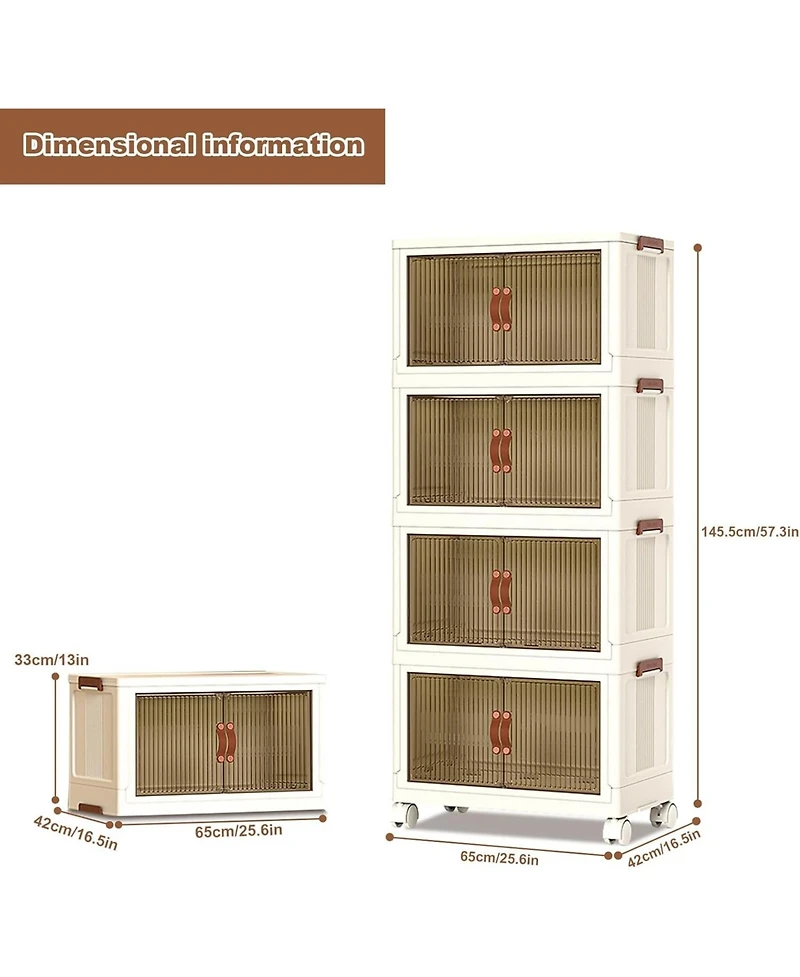 gaomon 4-Tier Foldable Storage Cabinet, Plastic Organizer with Magnetic Doors & Wheels for Home Use, White