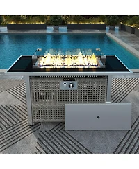 Flynama K&K 43 Inch Propane Gas Fire Pit Table 60000 Btu Rectangular Open Weave Wicker with Glass Wind Guard for Outdoor Patio Garden