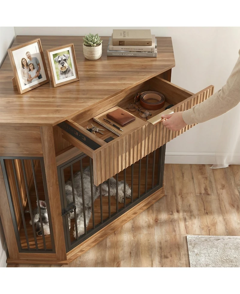 Aostirmotor 44.6" Corner Dog Crate Furniture with Drawer, Space-Saving End Table for Small/Medium Dogs