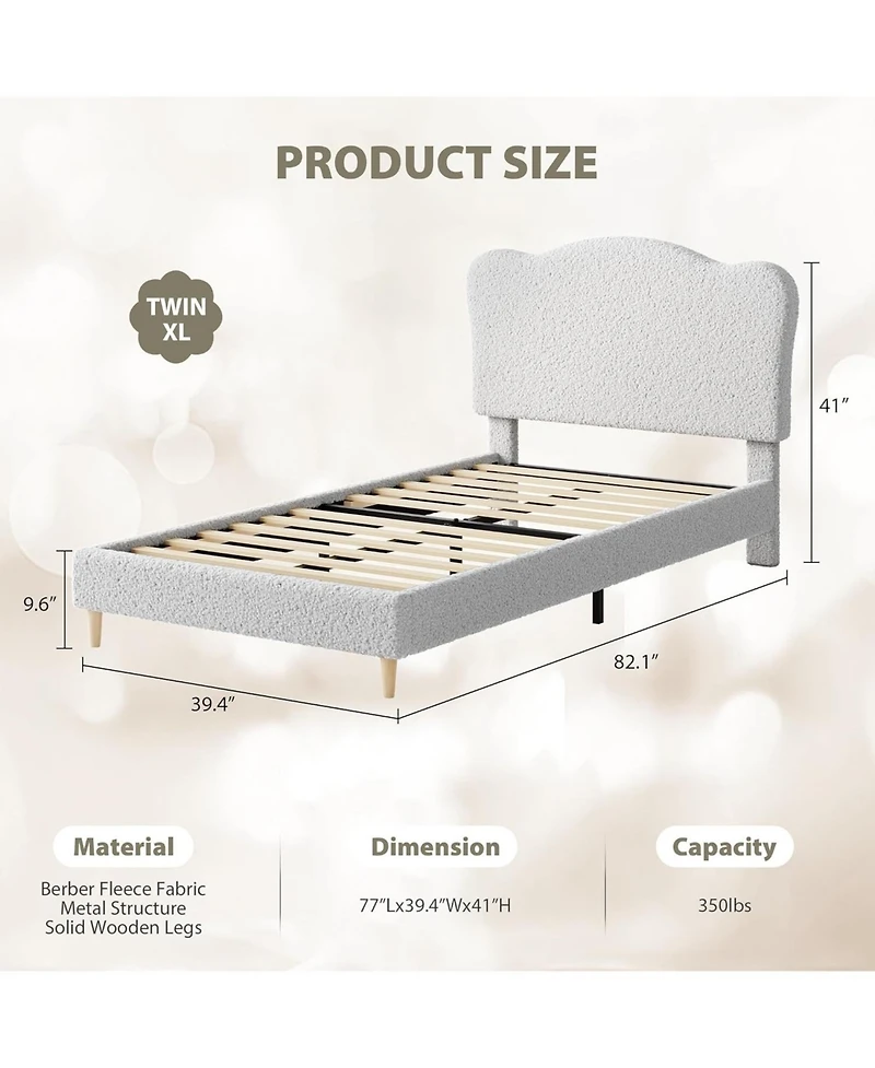 gaomon Upholstered Bed Frame for Kids, Scallop Headboard, Soft Berber Fleece, No Box Spring