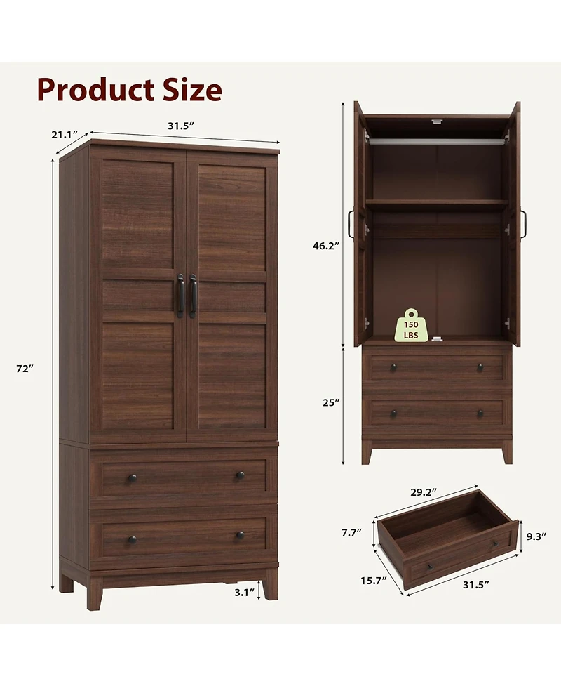 gaomon 72" Tall Wooden Armoire Wardrobe Closet with 2 Drawers, Adjustable Shelf & Hanging Rod, Bedroom Storage Cabinet with Doors