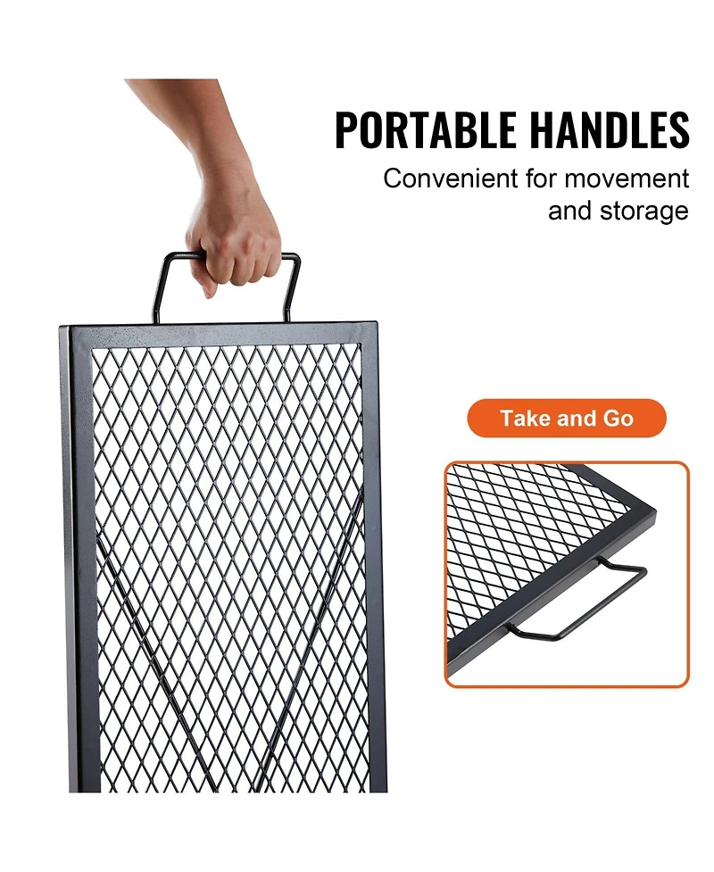 Ecooso 44" Rectangle X-Marks Fire Pit Grill Grate, Heavy Duty Steel Cooking Grate with Handle and Support X Wire, Black