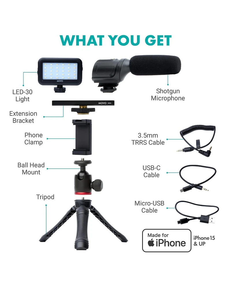 Movo uVlogger Vlogging Kit for iPhone 15 and up with Light, Mic, Phone Mount, Tripod (Usb-c)