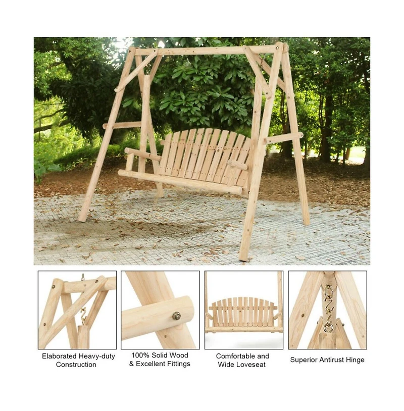 Outdoor Wooden Porch Bench Swing Chair with Rustic Curved Back