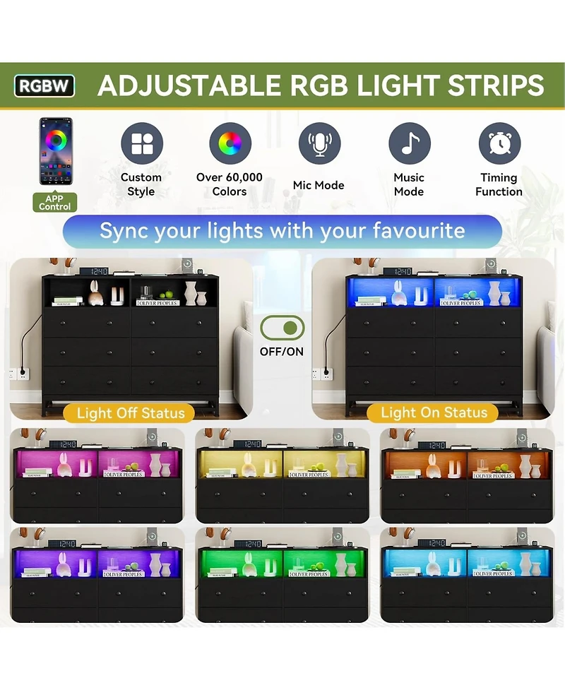 gaomon Dresser for Bedroom with 6 Drawers, Wide Wooden Dresser with Led Light and Charging Station, Large Storage Space, Modern Storage Organizer Unit