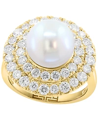 Effy Collection Lab Grown Diamond (1-3/8 ct. t.w.) & Freshwater Pearl (10mm) Ring in 14k Gold Over Sterling Silver