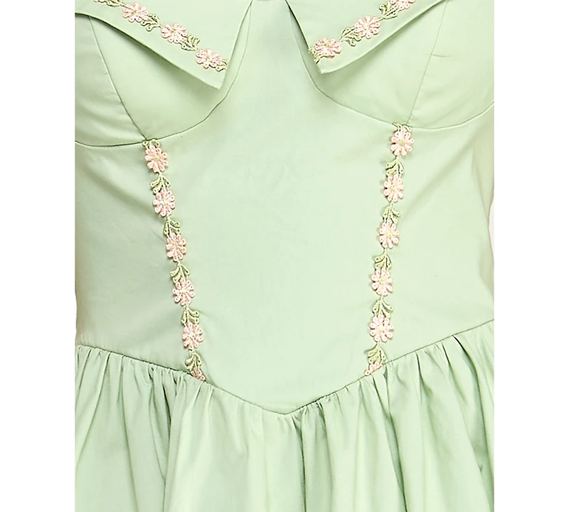 Alex & Sophia Juniors' Halter Poplin Floral Embroidery and Front Tie Fit Flare Dress