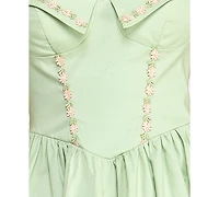 Alex & Sophia Juniors' Halter Poplin Floral Embroidery and Front Tie Fit Flare Dress