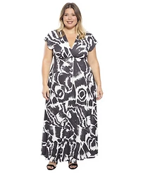 24seven Comfort Apparel Plus Abstract Empire Waist Cap Sleeve Dress