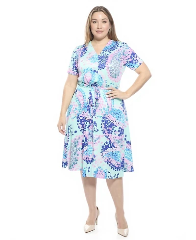 24seven Comfort Apparel Plus Abstract V-Neck A-Line Midi Dress