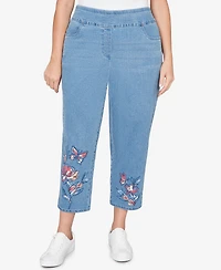 Alfred Dunner Plus Austin Butterfly Floral Printed Super Stretch Denim Ankle Pants