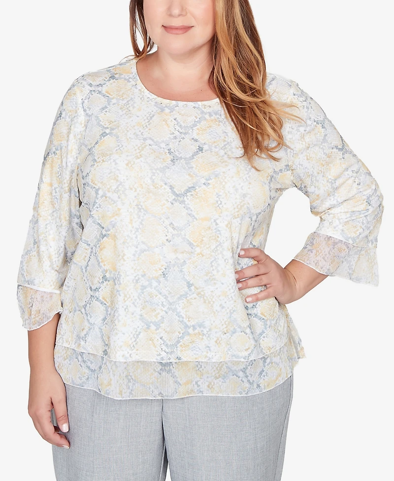 Alfred Dunner Plus Al Fresco Python Printed Knit Flutter Sleeve Top