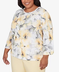 Alfred Dunner Plus Al Fresco Watercolor Floral Side Ruched Top with Necklace