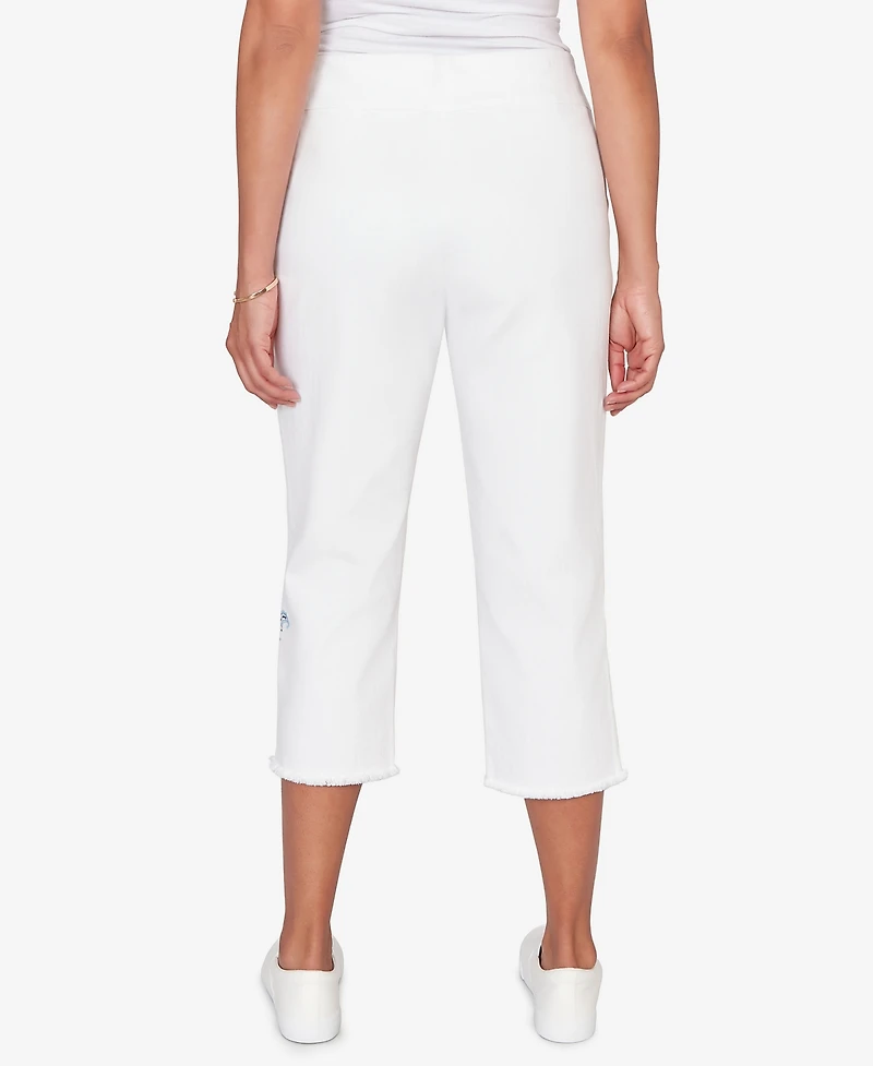 Alfred Dunner Plus Mykonos Floral Embroidered Fringe Super Stretch Denim Capri Pants