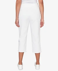 Alfred Dunner Plus Mykonos Floral Embroidered Fringe Super Stretch Denim Capri Pants
