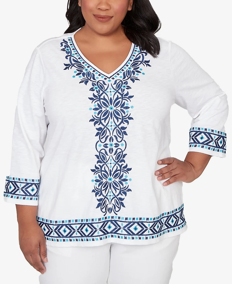 Alfred Dunner Plus Mykonos Scroll Embroidered V Neck Top
