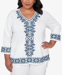 Alfred Dunner Plus Mykonos Scroll Embroidered V Neck Top
