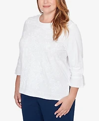 Alfred Dunner Plus Mykonos White Medallion Embroidered Top