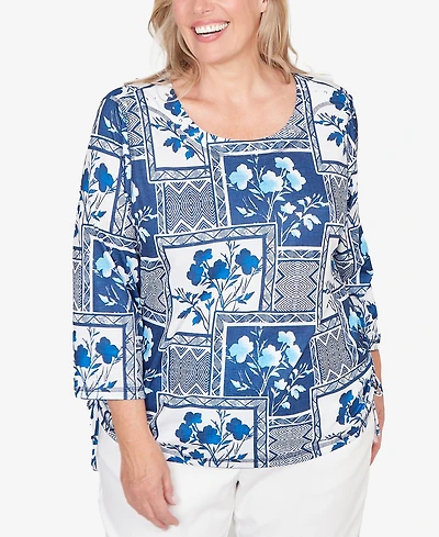 Alfred Dunner Plus Mykonos Framed Floral Ruched Side Tie Top