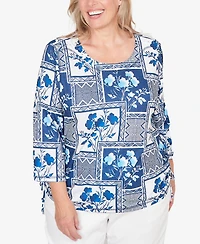Alfred Dunner Plus Mykonos Framed Floral Ruched Side Tie Top