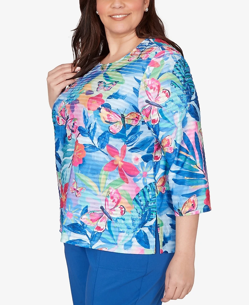 Alfred Dunner Plus The Royal Treatment Tropical Butterfly Ruffle Textured Top