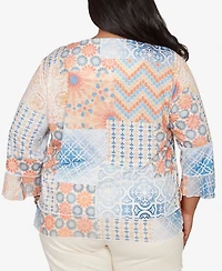 Alfred Dunner Plus Beachcomber Patchwork Medallion Ruffle Sleeve Top